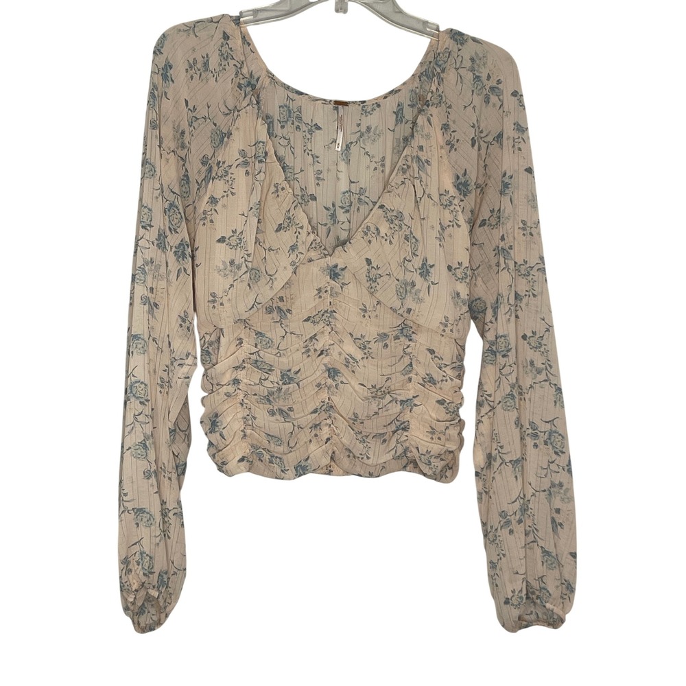 Free People Medium Cream "Final Rose" Floral Ruched V-Neck Long Sleeve Blouse